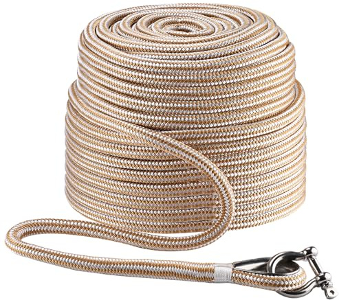 NovelBee 5/8 Inch x 250 Feet Boat Anchor Rope,Double Braid Nylon Anchor Line with Stainless Steel Thimble and Shackle,Heavy Duty Nylon Rope for Boat,Towing,Docking,Mooring (White&Gold)