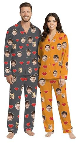 Dr Custom Pyjama Personnalisé Photo Visage Ensemble 2 Pièces Haut et Bas avec Motifs Cœurs – Cadeau Couple Saint-Valentin Original