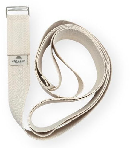 ZAFUZEN Correa de Yoga (Cinturón Yoga) de Algodón Orgánico con Doble Hebilla Metálica – 250 × 4 cm – Firmes y Resistentes – Hechas en España