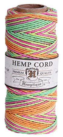 Hemptique 100% Hemp Cord Spool - 62.5 Meter Hemp String - Made with Love - No. 20 ~ 1mm Cord Thread for Jewelry Making, Macrame, Scrapbooking, DIY, & More - Variegated Neon