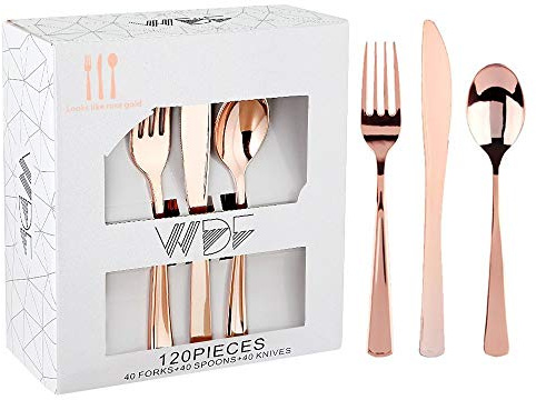 WDF 120 Pieces Rose Gold Plastic Silverware- Disposable Flatware Set-Heavyweight Plastic Cutlery- Includes 40 Forks, 40 Spoons, 40 Knives for Baby Shower Wedding Spring Mother's Day Party