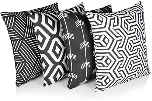Penguin Home Set of 4 100% Slub Cotton Fabric Cushion Covers 45cm x 45cm Double Sided Square Pillow Covers with Invisible Zipper Pillow Cases for Living Room, Bedroom, Sofa (Black/White Mix)