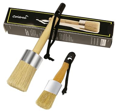 Coltree Chalk Paint Brushes for Furniture, 2 Pcs Boar Hair Bristles Round/Flat Wax Paint Brushes, Suitable for Chalk Paint and Wax