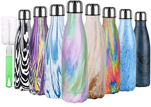 flintronic Bouteille d'eau Isotherme, 500ml Bouteille d'eau en Acier Inoxydable sans BPA Réutilisable Double Paroi Isolée sous Vide Gourde Isothermes pour Sport, Voyage avec Porte-gobelet et Brosse