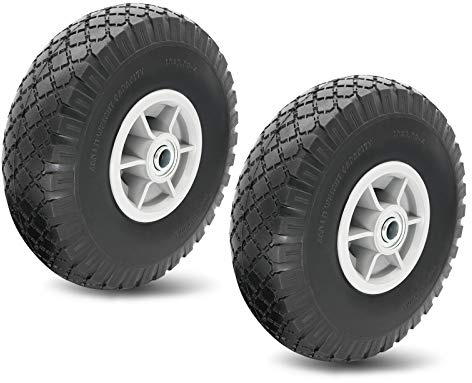10x3.00-4 Flat Free Tire, 10 Heavy Duty Replacement Tire and Wheel Assemblies, 5/8 Axle Bore Hole, Compatible Cosco Hand Trucks and Trolley Carts, 2.2 Offset Hub, 2-Pcs