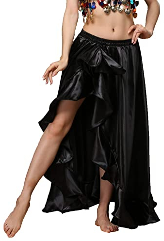 Bauchtanz Satin Rock Split Side Lange Röcke Glänzender Tanz Rock Festival Performance Kleidung (Schwarz, One Size)