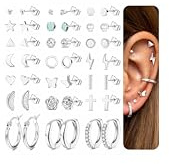MILACOLATO 21 Pairs Silver Stud Earrings Set for Women Stainless Steel Cartilage Helix Small Tiny Hoop Earrings Star Moon Opal Cross Heart 20G Geometric Stud Earrings Piercing Jewellery-s