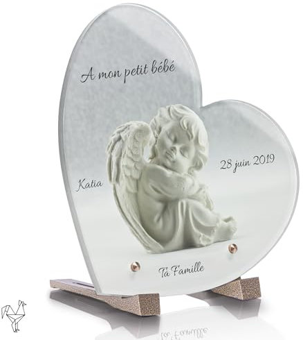 Plaque Funéraire personnalisable coeur Ange - Angelot - Plaque Funéraire avec texte personnalisé sans inter funéraire - Résistante aux Intempéries - Traitée Anti UV (Bébé Ange, 21x21 cm)
