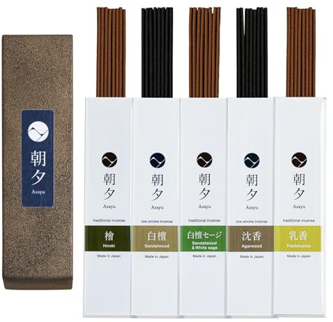 Asayu Japan Assortiment de Bâtonnets d'Encens Japonais Naturels, Ensemble de 5 Parfums Naturels, Bois de Santal, Bois d'Agard, Cyprès, Sauge Blanche, Oliban, Fabriqué au Japon sans Bambou
