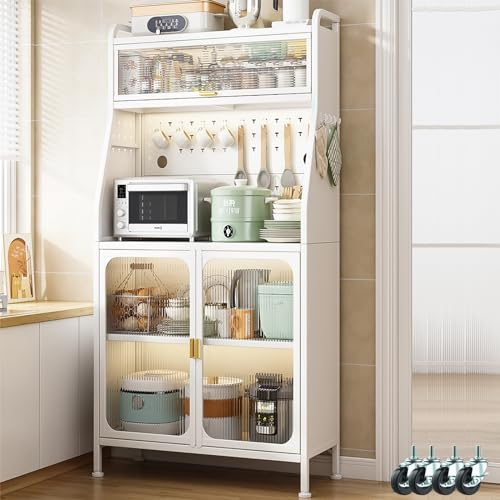 Fiutazge Küchenschrank mit Arbeitsplatte,Buffetschrank,Küchenbuffet,Vitrinenschrank,Sideboard mit Verstellbaren Ablagen,Großer Stauraum,Küche, Wohnzimmer, Esszimmer,66 x 36 x 160cm,Weiß