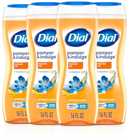 Dial Body Wash, Pamper & Indulge Marula Oil, 16 Fl Oz (Pack of 4), Hydraclean Complex & Vitamin E, Gentle, Leaves Skin Feeling Nourished, Dermatologist-Tested, No Parabens & Sulfates