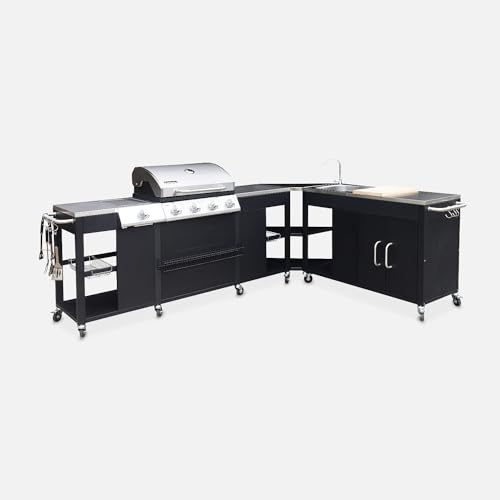 Cucina da esterno modulare con barbecue a 4 bruciatori, fuoco laterale, lavello e porta utensili, Rochefort, Nero, 247x187x112 cm