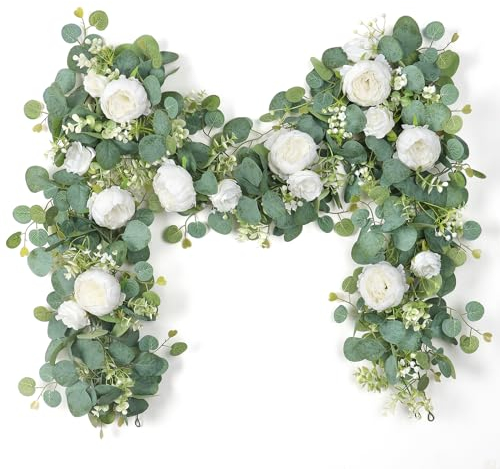 SOMYTING 2 ghirlande di fiori artificiali di eucalipto vintage finto fiore peonia, vite di rosa verde, decorazione da parete per arco di matrimonio, decorazione della porta (bianco)