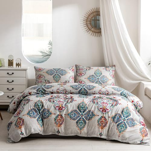 YASMENG Housse de Couette 240x260 Bohème Mandala Indien Turquoise Gris Parure de Lit Bohème Style Doux Microfibre Linge de Lit 2 Personne Adulte avec Fermeture Éclair avec Taie d'oreiller 65x65 cm