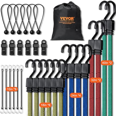 VEVOR Set di Corde Elastiche Piatte 32 Pezzi, Cinghie Elastiche Resistenti 17 mm con Ganci a J in Acciaio A3, Include Corde Elastiche da 0,5 m 0,9 m 1,2 m 1,6 m 2 m con Borsa Portaoggetti Portatile