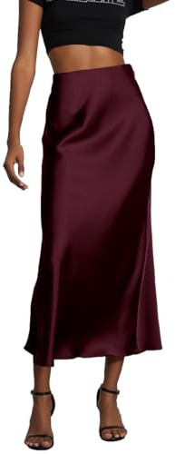 OLIPHEE Gonna Donna Lunga Raso Elegante Maxi Gonne da Donna Solida Colore Elastica Vita Alta A-Line Skirt in Satin Casual Vestiti Vacanza Business Rosso M