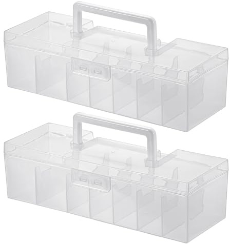 BSTKEY 2 Pack Plastic Trading Card Box with 7 Compartments, Clear Baseball Card Storage Box with Handle Collectible Sport Card Organizer Portable Gaming Card Storage Playing Card Holder