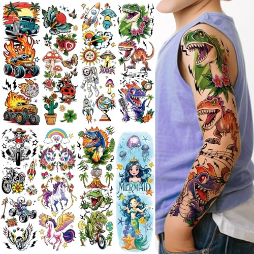 Yazhiji 52 Tatuaggi Temporanei per Bambini: Sirena, Farfalla, Gatto, Camion, Dinosauro, Razzo, Pianeta. Adorabili disegni di animali per il corpo, il viso e il braccio. Ideale per ragazze e bambini