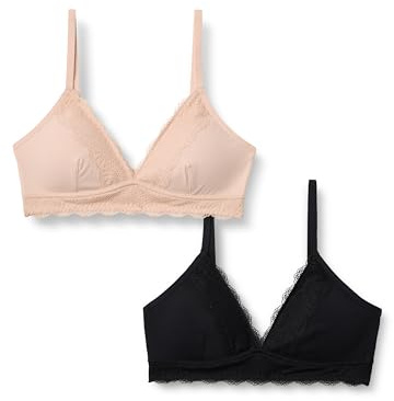Amazon Essentials Women's Peached Microfibre with Lace Trim Lined V Neck Bralette, Pack of 2, Black/Soft Petal, Small