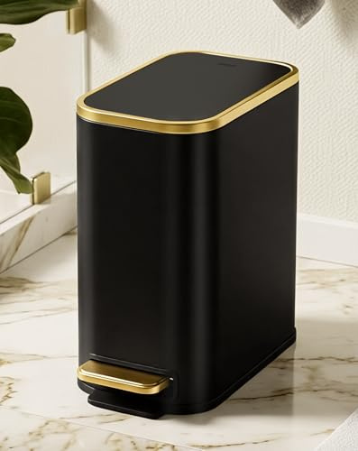 Cesun Small Bathroom Trash Can with Gold Grimmed Lid & Pedal, 1.3Gal, Black | Soft Close Lid, Removable Inner Bucket, Slim Stainless Steel Waste Basket for Home Office, Included 5 Trash Bags, Hidden Bags