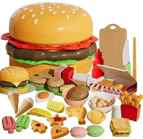 IZDUDO Giocattolo da Taglio per Bambini, 56 Pezzi Set di Cibo Finto Accessori Cucina con Hamburger, Spuntini e scatola, Giochi di Ruolo Giocattolo Educativo per Figli 3+ Anni
