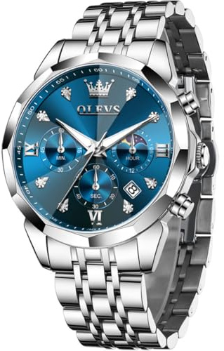 OLEVS Männer Uhr Quarz Luxus Business Uhren Multifunktion Chronograph Mondphase wasserdicht Leuchtend Alle blauen Gesicht Silber Edelstahl Armbanduhr