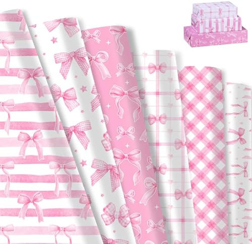 Lazo rosa de papel de regalo, 12 hojas de papel de regalo de cumpleaños plegado, 70 x 50 cm lazo nudo papel de regalo para San Valentín, boda, baby shower, Navidad (12)