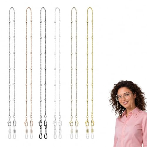Set da 6 collane portaocchiali da Donna in Oro e Argento, catenine Sottili con Perle, Eleganti e Leggere per Occhiali da Vista e da Sole, Accessori Moda pratici e Versatili