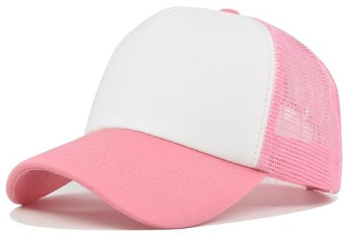 Boolavard Premium 5-Panel Mesh Back Trucker Hat, Classic High Profile Foam Front Snapback Cap, Breathable Outdoor Adventure Sun Hat for Men and Women (Pink/White)