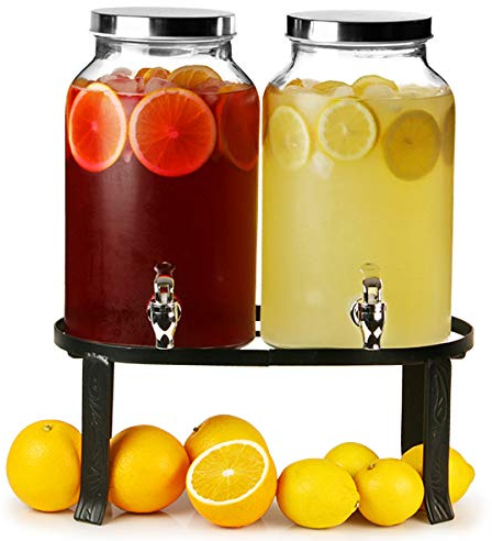 bar@drinkstuff, doppio dispenser per bibite, con supporto, per 10 l, in vetro, con design a vasetto, dispenser succo o cocktail