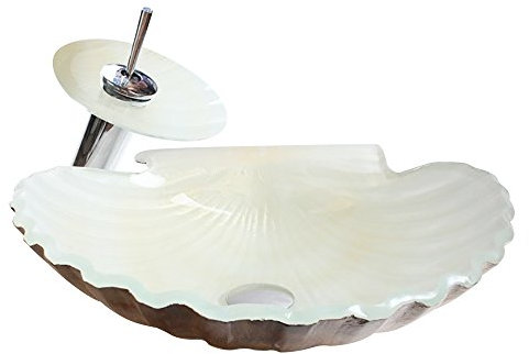 HomeLava Lavabo sobre encimera Lavabo hecho a mano en vidrio templado en forma de concha con grifo en cascada (Blanco）