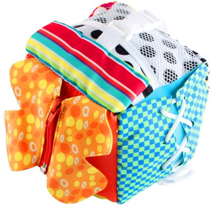 KAKIBLIN Cubic Activity Learning Toy with Zippers, Latches, Buckles, Laces, Snaps, Buttons and More - Perfect for Toddlers at Home, on Airplanes, Cars or Travel