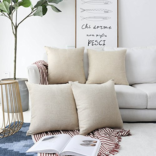 Home Brilliant Decorative Faux Linen Cushion Covers Square Throw Pillow Covers Protector Cushion Cover for Sofa, Set of 4, Light Linen, 45 cm, 18 inch