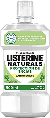 Listerine Naturals (1 x 500 ml), enjuague bucal sin alcohol sabor menta, enjuague bucal que protege las encías, colutorio encías 0% alcohol con ingredientes naturales