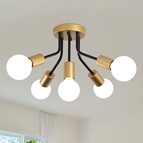 MRHYSWD Lámpara De Techo Vintage Industrial Modernas De 5 Luces, Lampara Techo Negra y Dorado Para Salon Dormitorio Habitacion Comedor Cocina Pasillo, Lampara De Araña Sputnik, Sin Bombillas