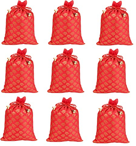 Touchstone Gorgeous Gift Wrapping bags reusable environment friendly Large Drawstring Paisley Brocade Holiday packing set. pack of 9. 12x9 inches