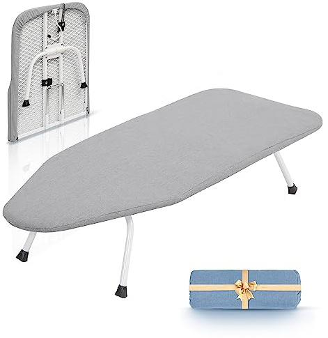 STORAGE MANIAC Tabletop Ironing Broad, All Iron Frame Mini Folding Ironing Broad with 2 Removable Cover, Portable Small Iron Mat with 7 mm Thick Pad for Laundry Room, Dorms - Silver & Blue