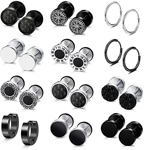 JeweBella 12Paar Ohrstecker Herren Edelstahl Vikings Rune Schwarze Piercings Ohrstecker Set Ohrringe Creolen Punk Klassische Hypoallergen Tunnel Piercing Knorpel Ohrringe für Damen Männer