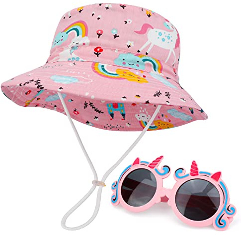 Jupsk Set Cappello da Sole e Occhiali da Sole con Unicorno per Bambini, Cappello da Spiaggia Estivo, Occhiali da Sole Pieghevoli con Protezione UV con Montatura in Silicone per Ragazze 2-5 Anni