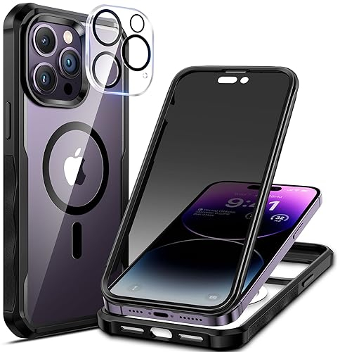 seacosmo Cover per iPhone 14 Pro Max Privacy Magnetica, Compatibile con Magsafe, Antispy Schermo Integrata in Vetro Temperato, Protezione Fotocamera, Custodia 360 Gradi Antishock Fronte Retro - Nero