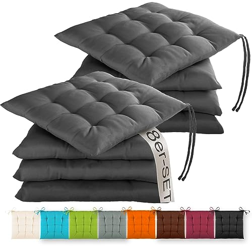 Gräfenstayn® 8er-Set Sitzkissen 40x40x3cm mit Haltebändern für Indoor und Outdoor mit Öko-Tex Siegel - (Graphite)