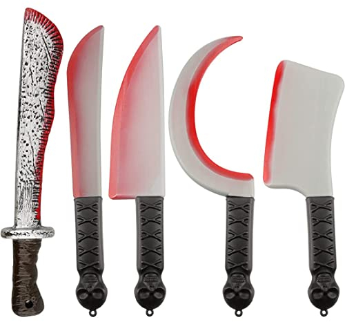 XJKLBYQ 5 Pack Halloween Simulation Plastic Machete Props, Halloween Scary and Realistic Machete Props with Fake Blood, Halloween Bloody Cutter