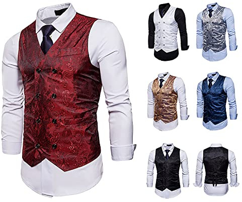 Men Gothic Steampunk Jacquard Waistcoat UK Clearance Mens Retro Victorian Suit Vest Double Breasted Tank Tops Sleeveless Vest V-Neck Clothes with Pockets Costume Medieval Halloween Party Outfit