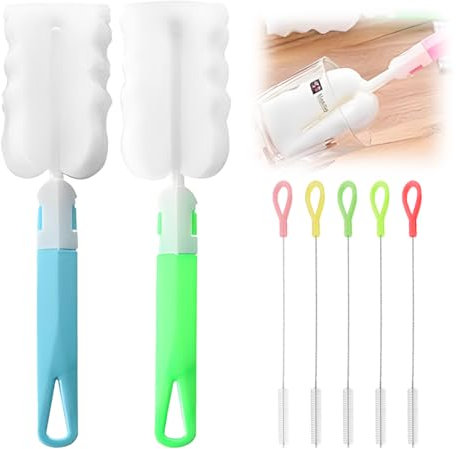 Pack de 7 cepillos limpiadores, 2 cepillos para botellas de esponja, Cepillos de Paja, 5 Piezas Cepillos de Limpieza de Paja, Cepillos de Paja de Acero Inoxidable, Cepillo para Tubos de Ensayo
