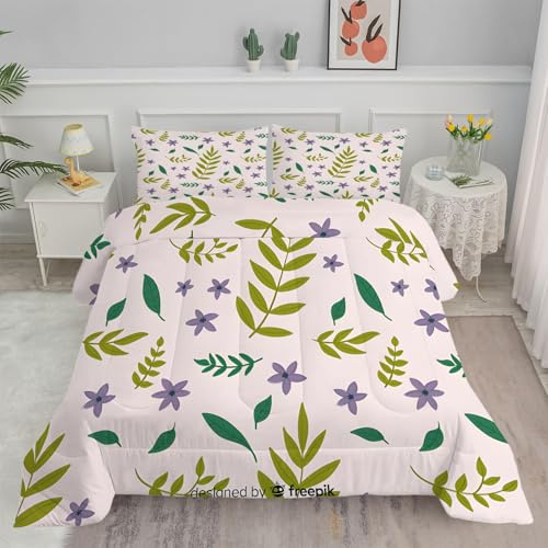 PNHCL Edredon Nordico Cama 80, Relleno Nordico 135x200 cm con 2 Fundas Almohada, Flores Moradas Reversible Edredón de Fibra 240gr/m², Ligero, Suave, Transpirable para 4 Estaciones, Verde Salvia