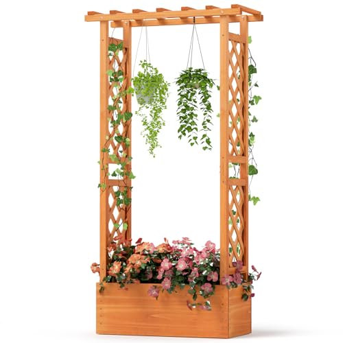 HOMASIS Blumenkasten mit 2 Rankgitter & Dachregal, Hochbeet mit Spalier, Pflanzkasten Pflanzgefäß Holz, Pflanzkübel für Blumen & Kletterpflanz, Rankhilfe für Garten Balkon Terrasse (78x36x152cm)