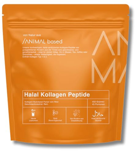 Halal Kollagen Pulver [450g] – hydrolysiertes Kollagen Typ 1 & 3 mit 2000 Dalton – Grasgefütterte Rinder aus der Türkei – Collagen Halal – 45 Portionen – als Protein Coffee - abgefüllt in Deutschland