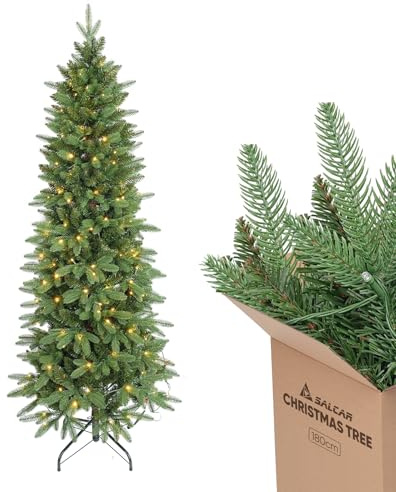 SALCAR Árbol de Navidad Slim 180 cm, Realista en Forma Lápiz con Agujas de PE y PVC Invisible, 1,8 m Verde con Luces LED Cálidas, Árbol de Navidad Delgado