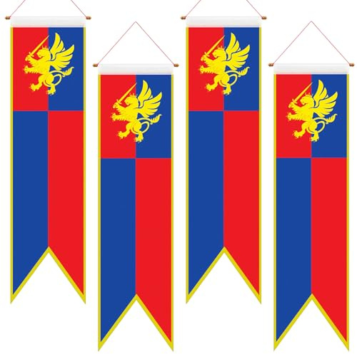 Oudain 4 ft Medieval Fantasy Pull-down Banner with Lion Design Hanging Party Bunting Banner Medieval Party Decorations Garden Cutouts Flag for Castle Theme Festival Birthday Decor(4 Pcs)