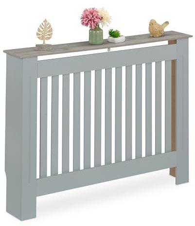 Relaxdays Heizkörperverkleidung, Lamellen, HBT 83x112x19 cm, für alte Heizkörper, Heizungsabdeckung mit Regal, MDF, grau